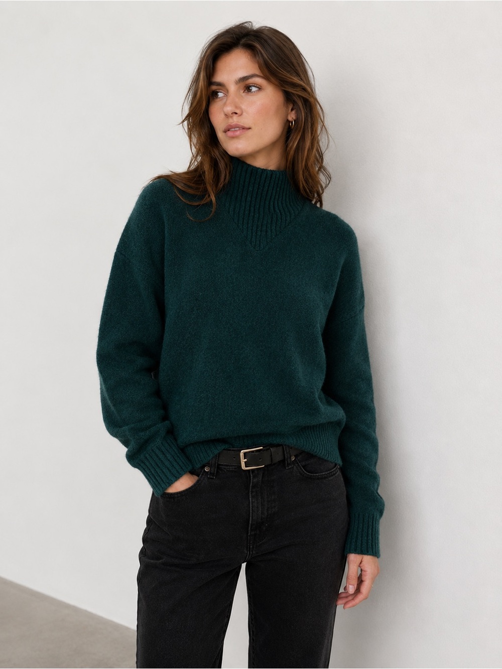 Madewell Dillon Mock Neck Pullover Sweater Green wool alpaca blend cozy M NC649